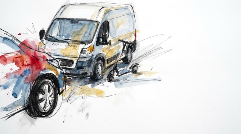 A stark, abstract graphic depicts a collision. A large, dark vehicle shape is angled towards a smaller, vulnerable figure on an e-scooter, implying impact. Thick comic-style borders frame the grim scene, emphasizing the tragedy.