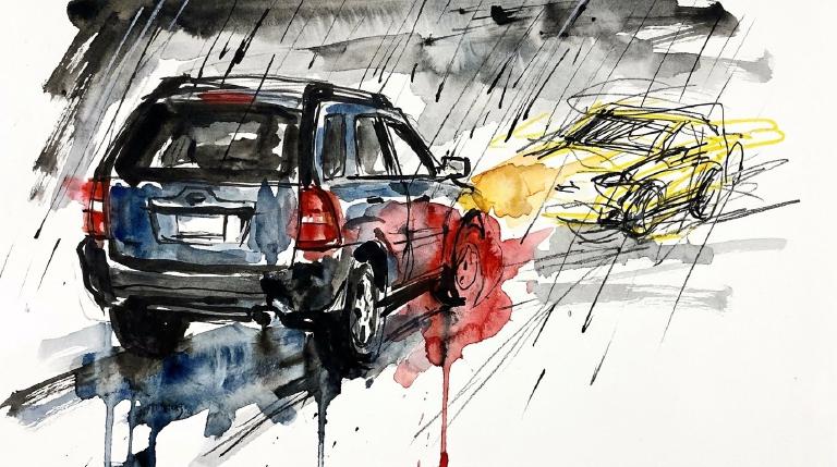 Flat graphic with comic-style border. Two simplified cars collide at a dark intersection. A police car icon and a subtle alcohol symbol are visible. The stark, flat art style conveys the serious, factual nature of an early morning traffic incident.