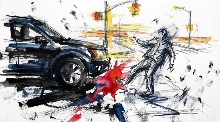 84th and 35th: a right turn, a man down