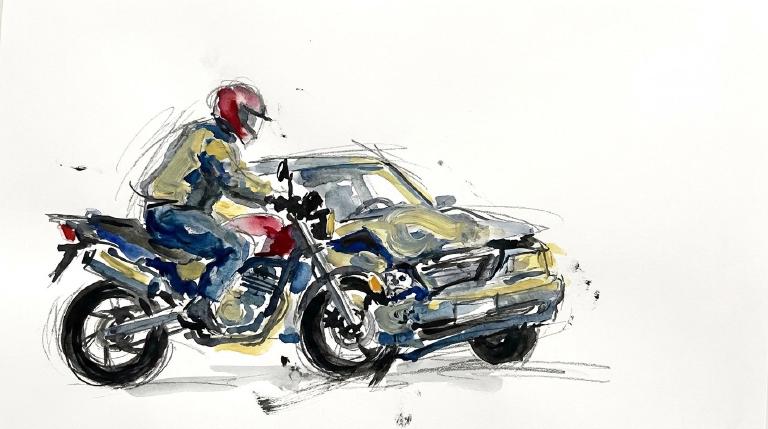 A stylized graphic, framed by a comic border, depicts a car striking a motorcycle. A small, simple figure is shown ejected from the bike. The scene conveys a serious impact.