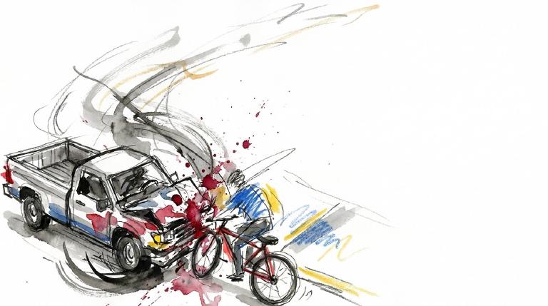 An abstract, flat graphic with bold, comic-style outlines depicts a stark collision between a car and a cyclist. Simplified shapes emphasize the jarring impact, conveying a serious and somber tone.
