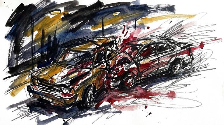 An abstract, flat graphic features two simplified car shapes with bold outlines, shown in a violent collision. Jagged lines and a harsh color palette emphasize the sudden, dangerous impact of high speed.