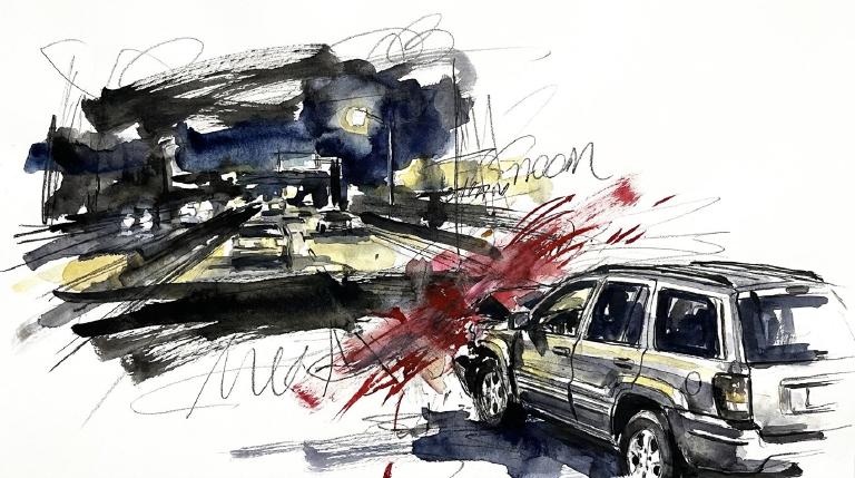 Abstract graphic: Dark, flat shapes form a road at night, with two cars intersecting sharply to show a crash. A jagged line highlights the impact. It's enclosed by a distinct comic-style border, giving the scene a severe, graphic feel.
