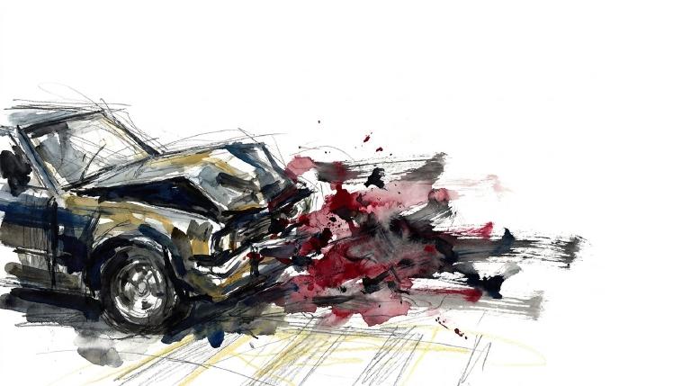 An abstract, flat graphic in a stark, comic-book style. A simplified figure in a crosswalk has a jagged red impact shape superimposed near it. The tone is urgent and alarming, highlighting a moment of collision.