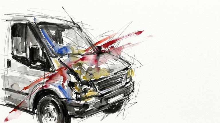 A flat, abstract graphic with thick, dark comic-style borders. A grey van with a glowing phone icon above it collides with a human silhouette. Stark impact lines emanate from the collision, conveying a serious, urgent tone of distracted driving.