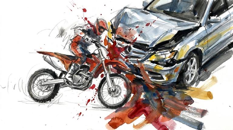 An abstract, flat graphic with comic-style borders, depicting a respectful, non-graphic scene. A dirt bike rider is thrown from their bike by a road dip. Behind, a Mercedes veers into the opposite lane to pass an MTA bus and collides with the rider.