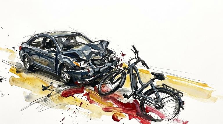 Abstract graphic, framed with comic-style borders: A flat, minimalist depiction of a yellow car colliding with a blue e-bike on a street. Simple shapes and bold outlines convey a stark, serious moment of impact without graphic details.