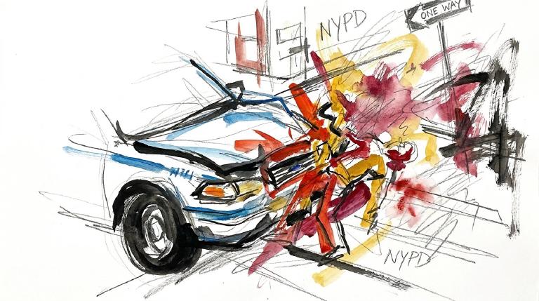 A flat, abstract graphic shows a large, blocky car shape on a road, veering sharply towards a smaller, standing figure. Jagged red lines radiate from the point of contact. A bold, distressed comic-style border reinforces the abrupt, impactful tone.