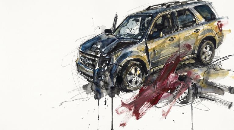Abstract graphic: Two flat, simplified car shapes are shown colliding, with jagged lines denoting impact. A thick, comic-style border frames the scene, emphasizing the stark and serious tone of the traffic incident.