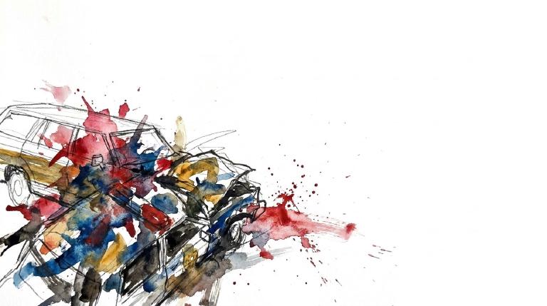 An abstract, flat graphic depicts a simplified car hitting a person on a motorized scooter. Dynamic lines radiate from the point of impact on a road. Framed by bold, comic-style borders, the stark design and muted colors convey a serious event.