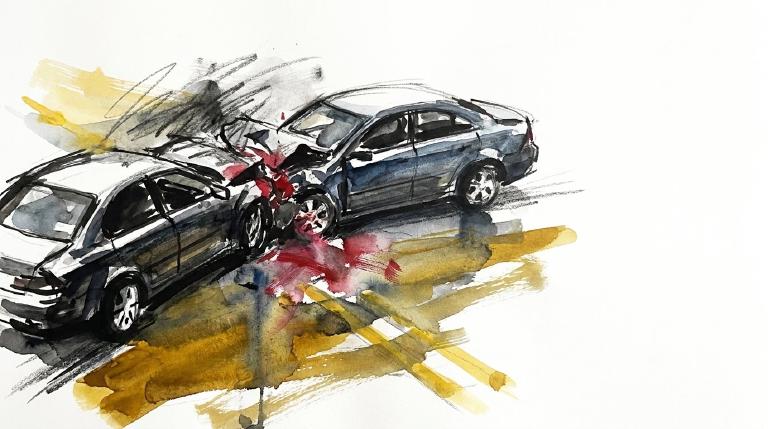A flat, abstract graphic with thick, comic-style borders shows two simple cars in a rear-end collision, with impact lines radiating from the point of contact. The stark, clear illustration emphasizes the jarring force of a sudden crash.