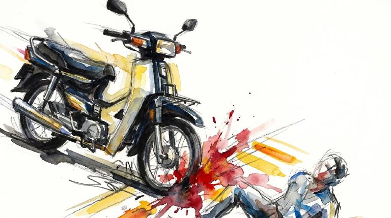 An abstract, flat graphic shows a simplified moped turning left into a crosswalk, colliding with a pedestrian who has a green walk signal. Clean lines and flat colors depict the crash scene with a direct, informative tone. Framed by comic-style borde