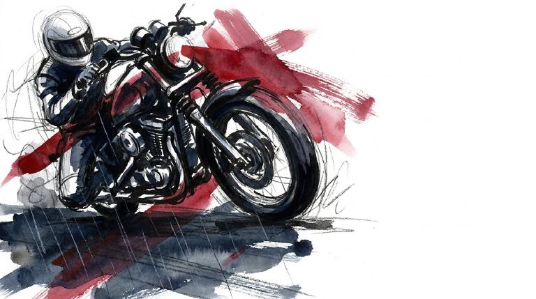 Abstract, flat graphic with comic-style borders. A dark, cracked road surface crosses the frame, dominated by a stark red, sharp shape. The image conveys urgency for safer streets.
