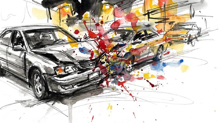 An abstract, flat graphic framed by a comic-style border. Several simplified car shapes show a multi-vehicle collision at an intersection, with one vehicle striking a line of others. The scene conveys a serious alert.
