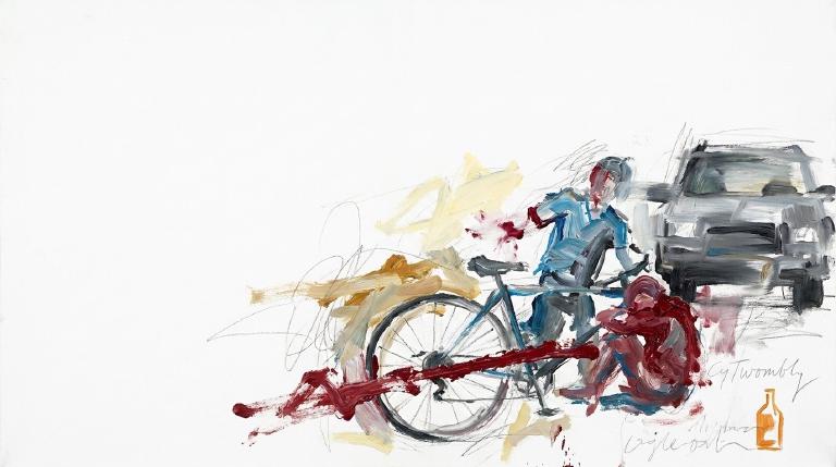 Flat, abstract graphic with a comic-style border. Simple shapes show a small figure on a bicycle being struck by a larger vehicle. Muted, contrasting colors emphasize the impact and serious tone of the collision.