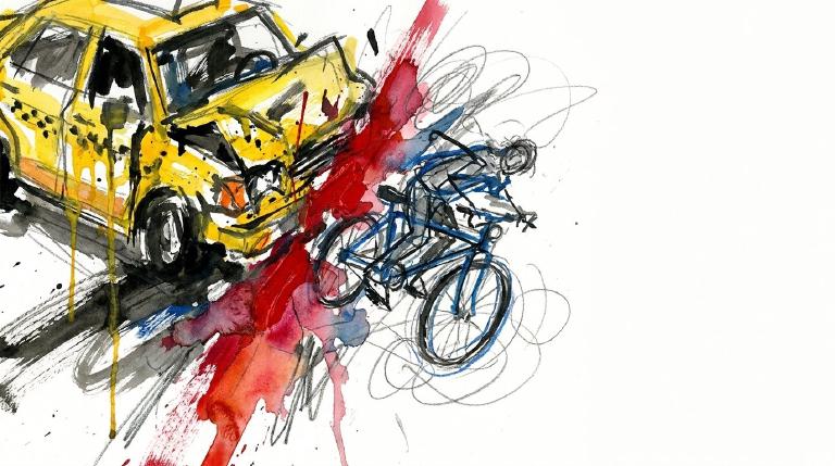 An abstract, flat graphic shows a yellow taxi shape colliding with a smaller bicyclist shape at a street intersection, bordered by bold, comic-style black lines. A red starburst marks the impact, emphasizing the danger of traffic violence.