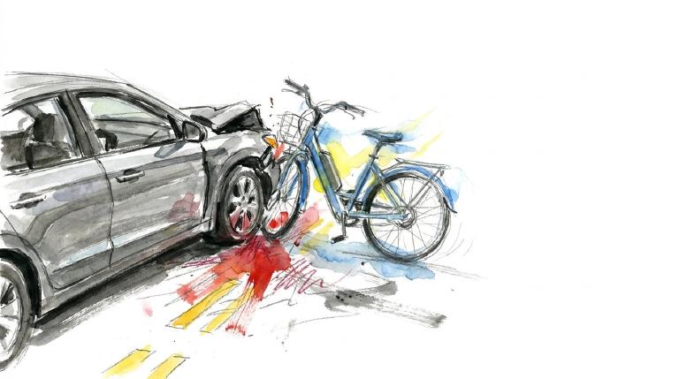 Abstract graphic. A larger car-like shape looms over a smaller cyclist-like shape on a street. Simple lines suggest impact. Muted colors convey a serious, stark tone. Framed with thick, comic-style black borders.