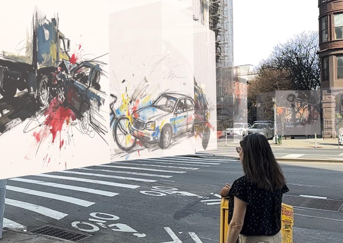 A Crashscape app view showing crash history rising from a New York street.