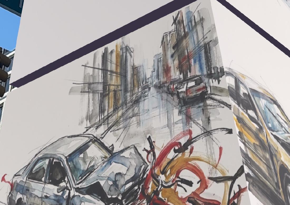 A close street view with layered forms suggesting accumulated crashes.