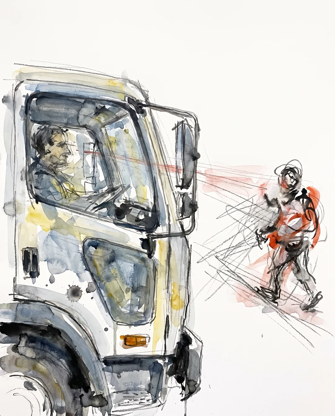 Expressionistic watercolor and ink illustration of a truck driver and pedestrian seeing one another through a low, broad truck window.