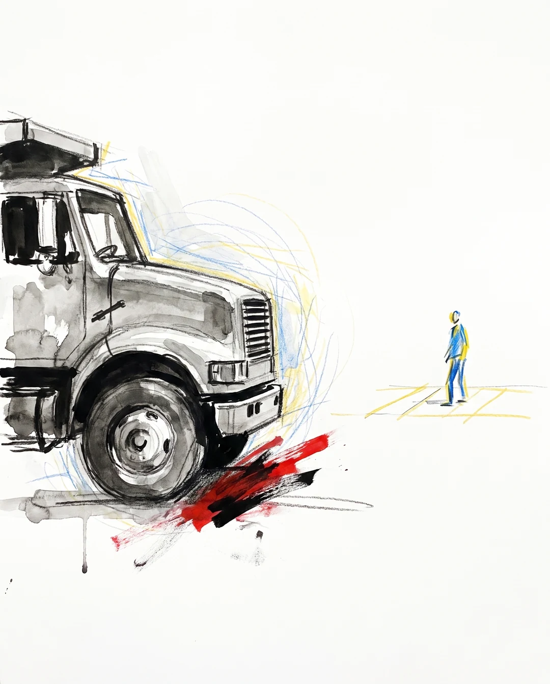 Expressionistic ink illustration of a truck stopped with clear space before a person in a crosswalk, surrounded by loose sensing marks.