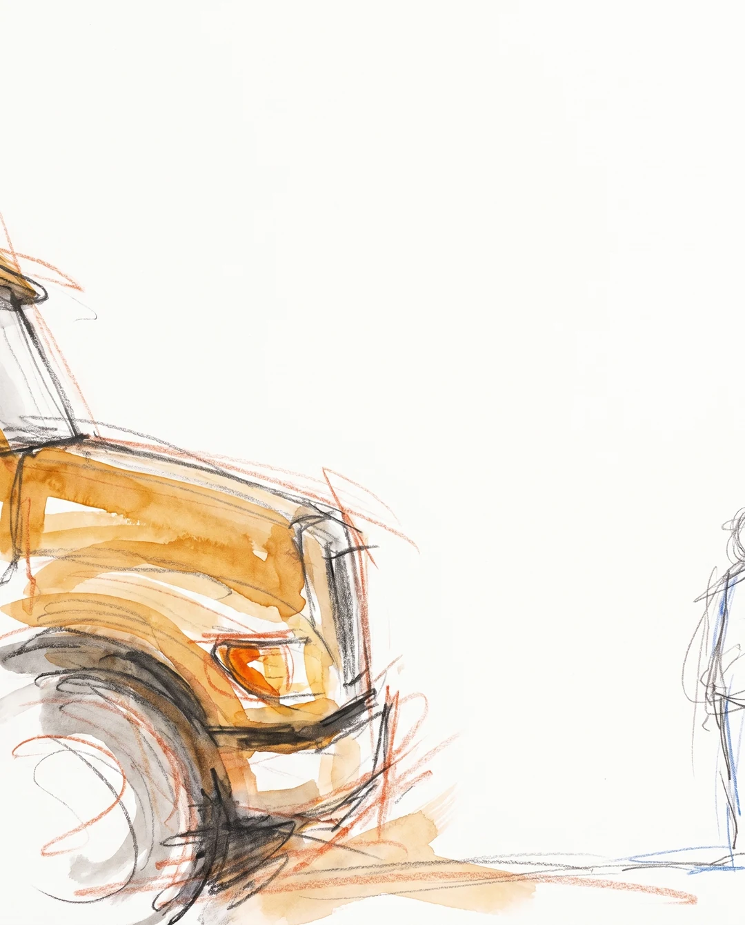 Expressionistic watercolor and pencil illustration of an amber-lit truck corner and a person waiting at a safe distance.