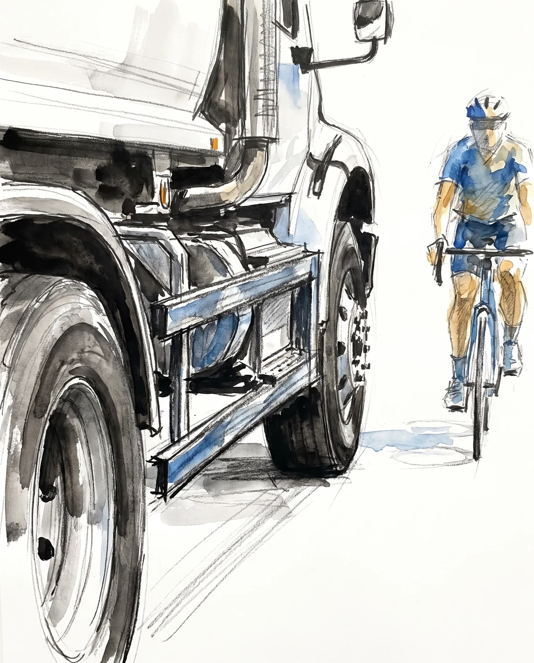 Expressionistic watercolor illustration showing a protective rail spanning the space between a truck's wheels as a cyclist passes at a safe distance.