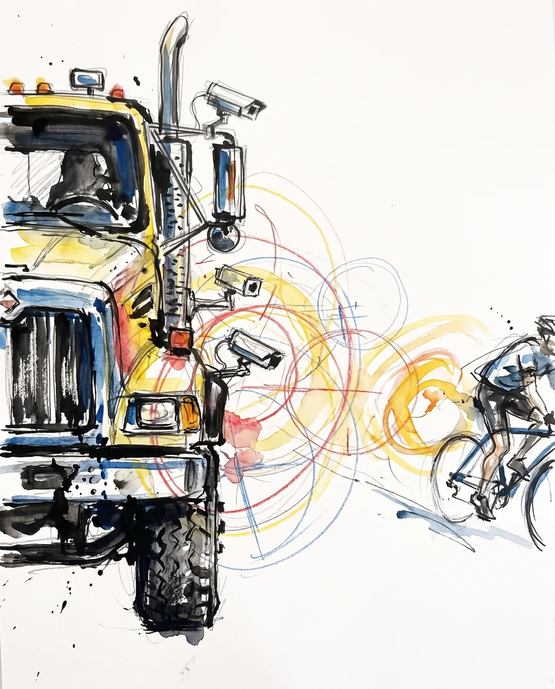 Expressionistic watercolor illustration of cameras and circular sensing marks between a truck and a safely separated cyclist.