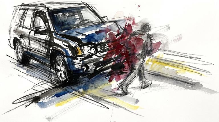 Abstract, flat graphic: A grey car shape heavily overlaps a smaller yellow human silhouette. A jagged red line indicates impact between them. Framed by a thick, dark comic-style border, the image conveys a stark and serious incident.