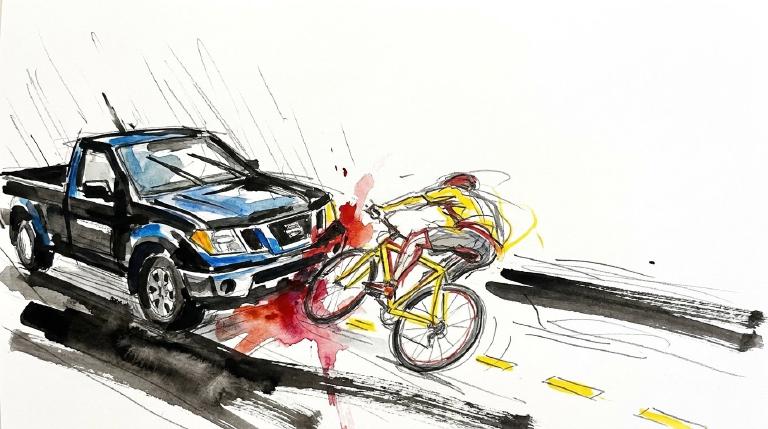 An abstract, flat graphic shows simple shapes representing a pickup truck and a bicycle in a suggested collision. The somber scene, rendered in a muted palette, is framed by bold, comic-style borders.