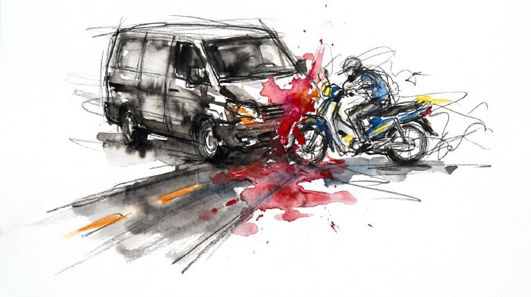 An abstract, flat graphic within comic-style borders. Geometric shapes in stark contrast collide, creating a jarring, fractured visual. The scene evokes the sudden, painful impact of a collision and its serious consequences.