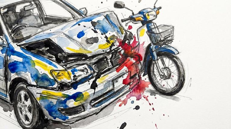A flat, abstract graphic with comic-style borders depicts a car making an illegal U-turn, colliding with a moped going straight. Jagged lines show impact. The tone is serious and cautionary, illustrating the dangers of improper driving.
