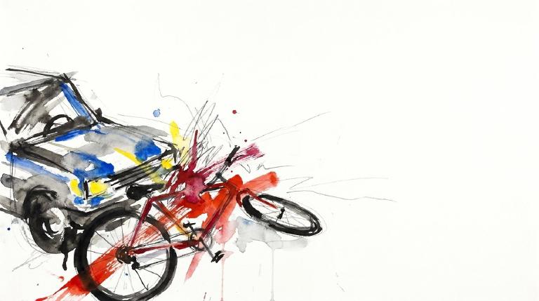 Abstract, comic-style graphic with bold borders. Simple shapes represent a car intruding on a bicycle's path on a street, underscored by a red impact symbol. The tone is stark and cautionary.