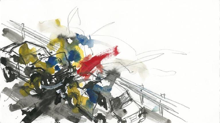 An abstract, flat graphic shows a yellow car's front impact with the rear of two blue parked cars. Angular lines radiate from the collision point, suggesting force. The serious scene is depicted with clean, bold shapes and outlined by subtle comic-st