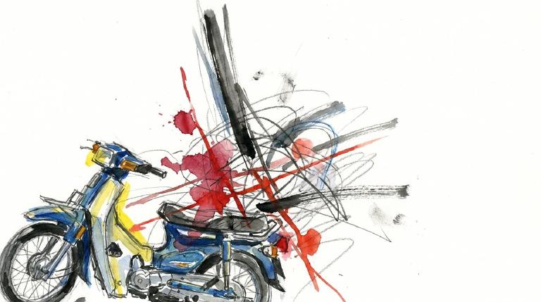 Flat, abstract graphic depicting a moped veering off a road. Simplified shapes represent a vehicle and two passengers amidst dynamic lines indicating sudden movement. The artwork is contained within bold, comic-style borders, conveying a serious but 