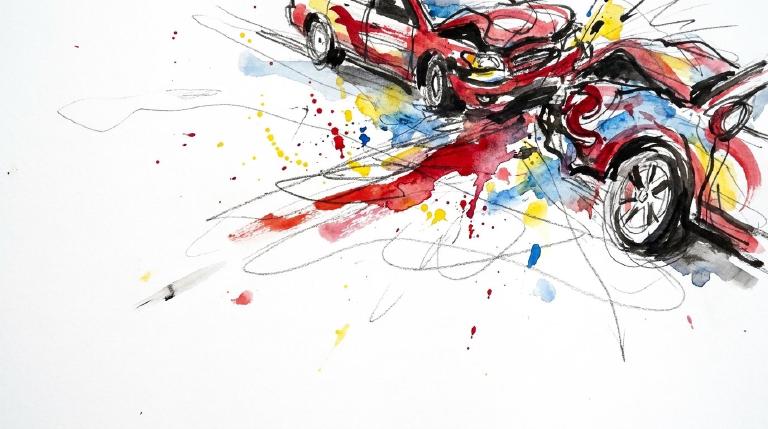 Abstract, flat graphic with thick comic-style borders. It shows a simple gray road with two minimalist cars, one askew and with subtle impact lines, conveying a serious vehicle collision.