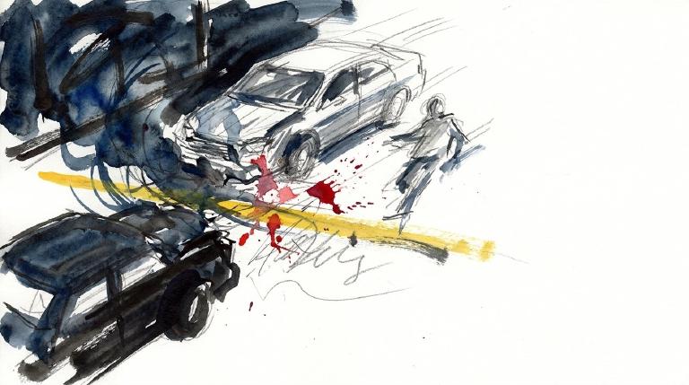 An abstract, flat graphic depicts a red car turning left towards a green pedestrian in a crosswalk. A thought bubble above the car shows a phone, symbolizing driver distraction. Bold, comic-style borders frame the impactful, cautionary scene.