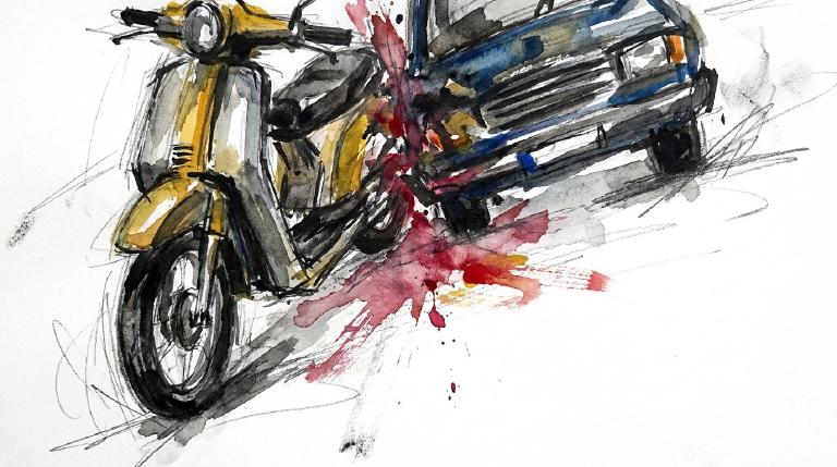 Abstract, flat graphic with comic-style borders. Two simple vehicle shapes intersect, implying a collision at a street corner. A simplified figure is depicted nearby, suggesting an ejection. Muted colors convey a serious event.