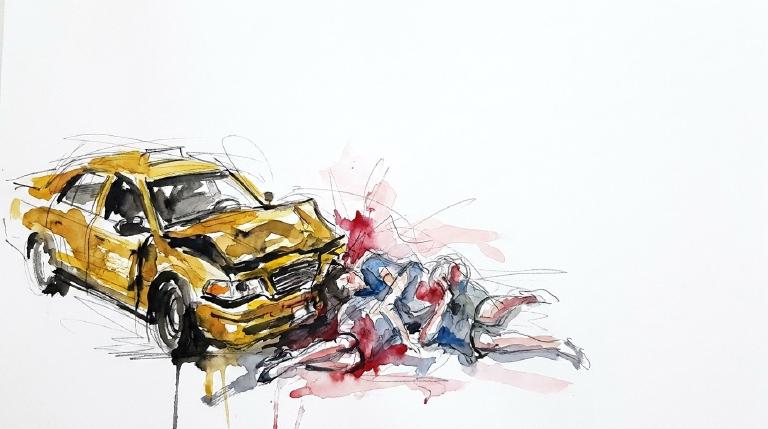 A flat, abstract graphic featuring comic-style borders. A yellow taxi shape and a walking figure intersect on a crosswalk. Bold, contrasting colors on a dark background convey a serious urban incident.