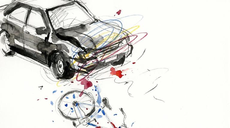 Abstract, flat graphic framed like a comic panel. Simple, blocky shapes depict a car turning left and colliding with a bicycle. The stark visual emphasizes danger and carries a somber tone.