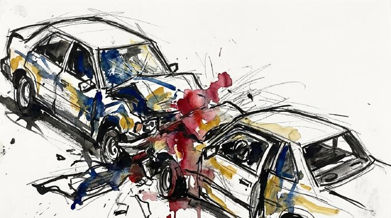 Abstract, flat graphic depicting a sudden, forceful impact or trauma. Bold, stark shapes and lines convey a jarring incident, framed by thick, comic-style borders. The overall tone is somber and serious.