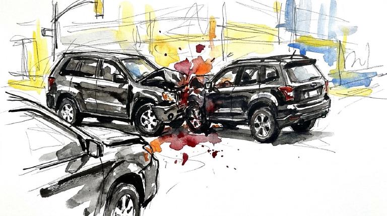 An abstract, flat graphic shows two stylized vehicles colliding at a crossroad, marked by minimalist lines on a muted background. A thick, dark comic-style border frames the scene, conveying the seriousness of the traffic incident.