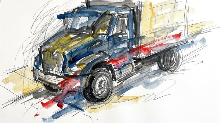 Abstract, flat graphic with comic-style borders. A driver's vehicle turns from an intersection onto a sidewalk, where a woman is. The artwork conveys a somber, non-graphic scene of impact.