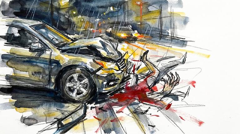 An abstract, flat graphic shows a simplified car approaching a person in a crosswalk on a gray road. A thick, comic-style border frames the scene, conveying the stark reality of the collision.