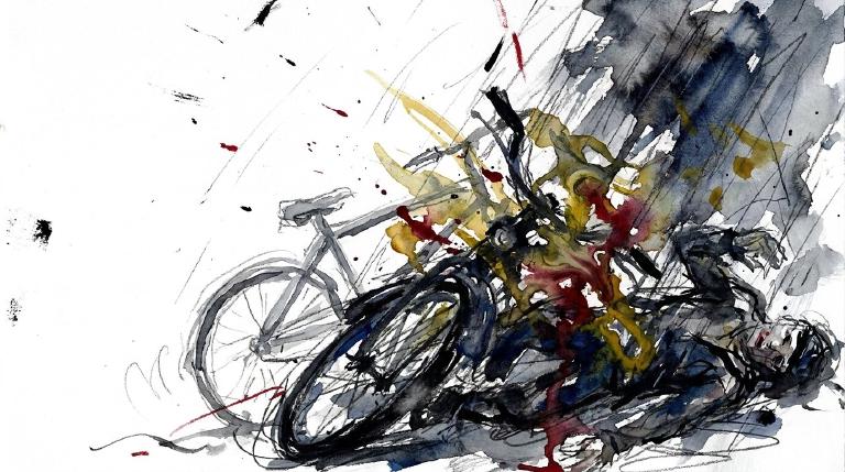 An abstract, flat graphic shows a simplified figure on a bicycle colliding with a walking figure. A red burst marks the impact on a stark dark background. Framed by thick, black comic-style borders, the tone is serious.