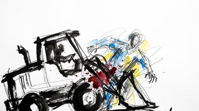 Abstract flat graphic with comic-style borders. A simplified mobile equipment vehicle appears to encounter a walking woman on an urban street. The artwork has a respectful, somber tone.