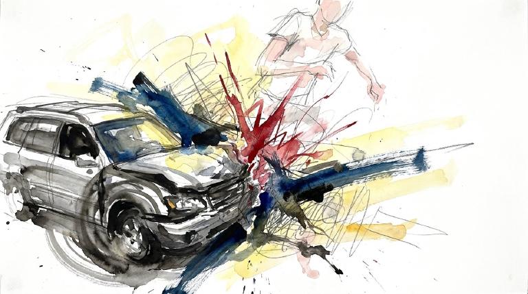 An abstract, flat graphic with a comic-style border. A light blue car is positioned at a street intersection, touching a green pedestrian figure in a crosswalk. The stark imagery conveys a serious traffic incident.