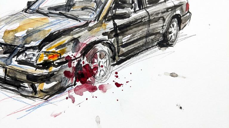 Abstract graphic showing two simplified cars at an intersection, with radiating yellow lines suggesting impact. Flat design and solid colors. The collision is depicted with comic-style action lines, emphasizing the incident.