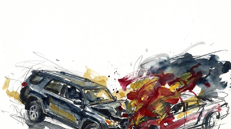 A flat, abstract graphic framed with thick, comic-style borders. Two minimalist vehicles crash, with a stylized figure flung from one and jagged lines indicating impact. The visual has a serious, cautionary tone about road safety.
