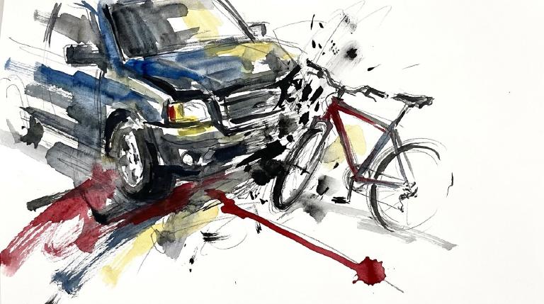An abstract graphic in muted tones depicts a collision. A blocky gray SUV intersects a small, stylized figure on a bike. Jagged red lines burst from impact. The scene has a stark, serious tone, framed by a thick comic border.
